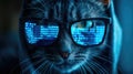 Funny hacker cat works at computer in dark room, cyber data reflected in glasses. Concept of ransomware, technology, hack, animal