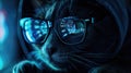 Funny hacker cat works at computer in dark room, digital data reflected in glasses. Concept of spy, technology, hack, animal, Royalty Free Stock Photo