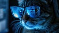 Funny hacker cat works at computer in dark room, digital data reflected in glasses. Concept of spy, technology, hack, animal, Royalty Free Stock Photo