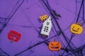 Funny Halloween background. Scary spider web, traditional fall pumpkins, house, bats and spiders Royalty Free Stock Photo