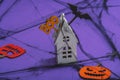 Funny Halloween background. Scary spider web, traditional fall pumpkins, house, bats and spiders Royalty Free Stock Photo