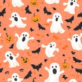 A funny Halloween ghost pattern with friendly ghosts playing with bats and pumpkins Royalty Free Stock Photo