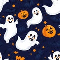 A funny Halloween ghost pattern with friendly ghosts playing with bats and pumpkins Royalty Free Stock Photo