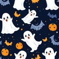 A funny Halloween ghost pattern with friendly ghosts playing with bats and pumpkins Royalty Free Stock Photo
