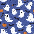 A funny Halloween ghost pattern with friendly ghosts playing with bats and pumpkins Royalty Free Stock Photo