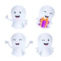 Funny Halloween ghost in various poses and facial emotions. Friendly phantom icons. 3D characters vector set of a cute white soul