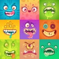 Funny halloween monsters. Cute and scary monster face with eyes and mouth. Strange creature mascot character vector illustration