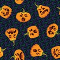 Funny Halloween pattern. Vector illustration of funny pumpkin heads in different form with various emotions isolated on