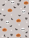 Funny Halloween Print with Pumpkins, Bats and Skulls Isolated on a Beige Background. Royalty Free Stock Photo