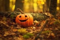 Funny Halloween pumpkin in a autumn forest. Celebration, holiday concept Royalty Free Stock Photo