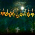 Funny halloween pumpkin, hanging on rope with colorful autumn Royalty Free Stock Photo