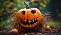 Funny Halloween Pumpkin in the Forest - Spooky Humor - Generative AI Royalty Free Stock Photo