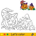 Coloring with template Halloween pumpkins in hats Royalty Free Stock Photo