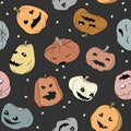 Funny Halloween seamless pattern with pumpkins characters. Different characters, colors, forms, and emotions. Vector Royalty Free Stock Photo