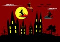 Funny Halloween, three witches are riding a jet ski on red sky