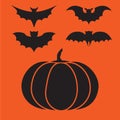 Funny halloween vector mystery vampire silhouettes. Dark spooky bats monsters isolated from orange background.