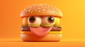 Funny hamburger on orange background. 3d render illustration. generative ai