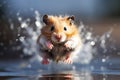 Funny hamster, flying on water background