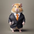 Funny hamster in office worker outfit posing for corporate photo with serious look. Realistic generative AI illustration