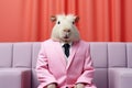 Funny hamster in pink business outfit in trendy modern interior, humanised animals Royalty Free Stock Photo