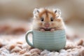 Funny hamster sitting in blue mug on brown background.