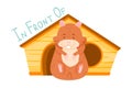 Funny Hamster Sitting In Front of Wooden House Showing Preposition of Place Vector Illustration
