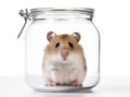 Funny hamster sitting in glass on white