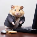Funny hamster wearing suit and tie working on its laptop in office. Realistic generative AI illustration