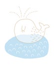 Funny Hand Drawn Baby Shower Vector Illustration with Cute Dreamy Whale. Royalty Free Stock Photo