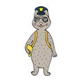 Funny hand-drawn cat police officer on the white background