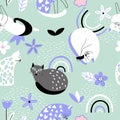 Funny hand drawn cats with flowers on mint background Royalty Free Stock Photo