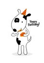 Funny hand drawn dog eating cake in a birthday hat. Happy birthday flat vector illustration with text for gift cards Royalty Free Stock Photo