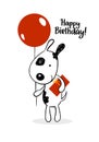 Funny hand drawn dog with a red balloon and present. Happy birthday flat vector illustration with text for gift cards Royalty Free Stock Photo