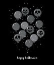 Funny Hand Drawn Halloween Vector Illustration. Scary Dark Grey Balloons with Ghost Faces.