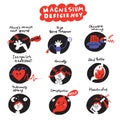 Funny hand drawn icons about magnesium deficiency symptoms. Vector.