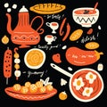 Funny hand drawn illustration of traditional middle eastern cuisine with hand written quotes about tasty food.Colorful