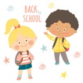 Funny hand drawn kids with backpacks. Cute boy and girl with schoolbags. Back to school card design.Cartoon vector eps