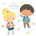 Funny hand drawn kids with backpacks. Cute boy and girl with schoolbags. Happy first day of school card design.Cartoon