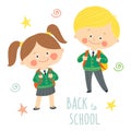 Funny hand drawn kids in school uniforms with schoolbags. Cute boy and girl with backpacks. Back to school card design