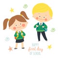 Funny hand drawn kids in school uniforms with schoolbags. Cute boy and girl with backpacks. Happy first day of school