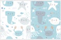 Funny Hand Drawn Marine Life Seamless Vector Pattern.