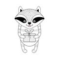 Funny hand drawn raccoon with present, gift. Children animal ill