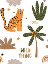 Funny Hand Drawn Safari Party Seamless Vector Pattern with Cute Leopard. Wild Thing.