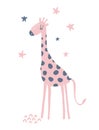 Sweet Pink Dotted Girrafe and Stars. Cute Nursery Art for Kids Room Decoration.
