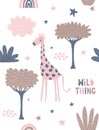 Funny Hand Drawn Safari Party Vector TSeamless Pattern with Cute Giraffe.