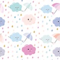 Funny hand drawn seamless pattern background with colorful watercolor drops and clouds. Royalty Free Stock Photo