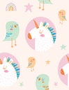 Funny Hand Drawn Seamless Vector Pattern with Cute Little Birds nad White Unicors. Royalty Free Stock Photo