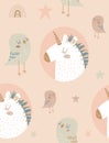 Funny Hand Drawn Seamless Vector Pattern with Cute Little Birds nad White Unicors. Royalty Free Stock Photo