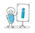 Funny hand drawn stickman with whiteboard and information symbol icon. Vector