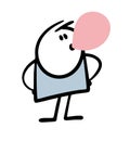 Funny hand drawn uncultured stickman inflates pink bubble of chewing gum. Vector illustration of a child prank.